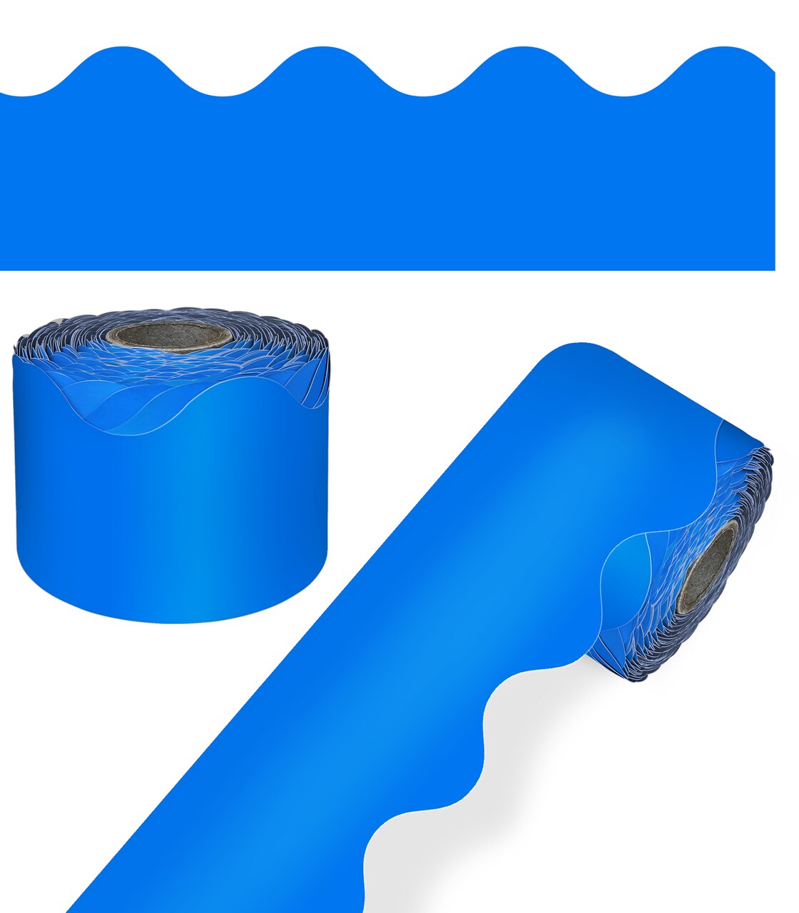 Carson Dellosa 65Ft of Blue Bulletin Board Borders, 1 Roll of Scalloped Trim for Rolling Whiteboard, Cork and Posterboard, Patriotic Decorations, Party, and Classroom Decor